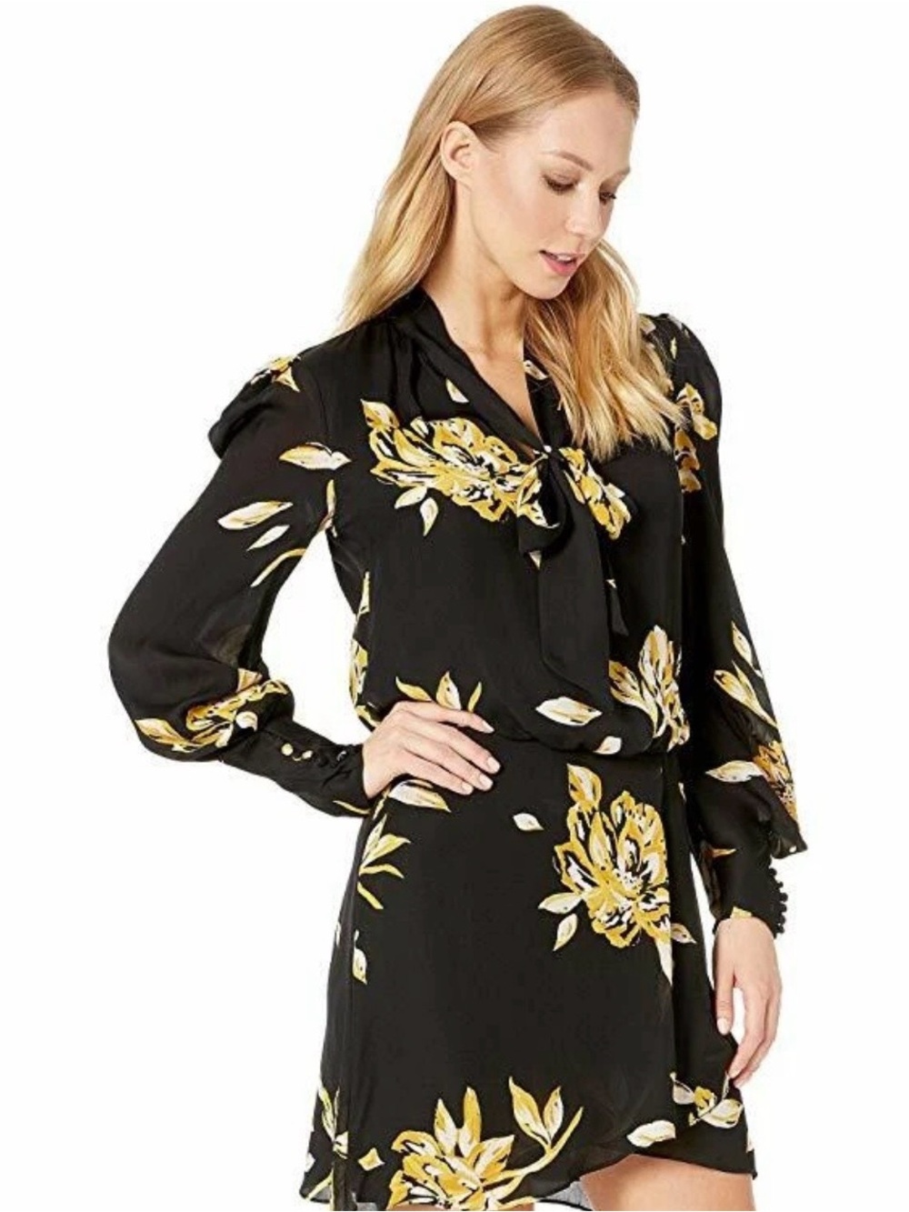 Joie Gyan Silk Black & Yellow Floral Tie-Neck Women’s Dress Size 4